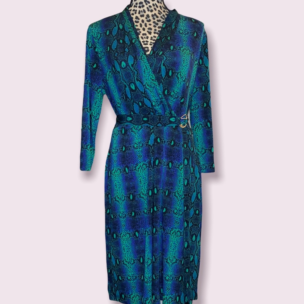 Liz Claiborne Green Polyester Snakeskin Pattern Long Sleeve V Neck Dress Large